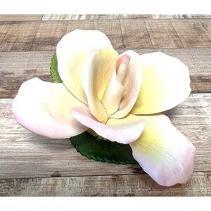 Vintage Porcelain Rose Flower Figurine With Pink & Yellow Petals And Green Leave